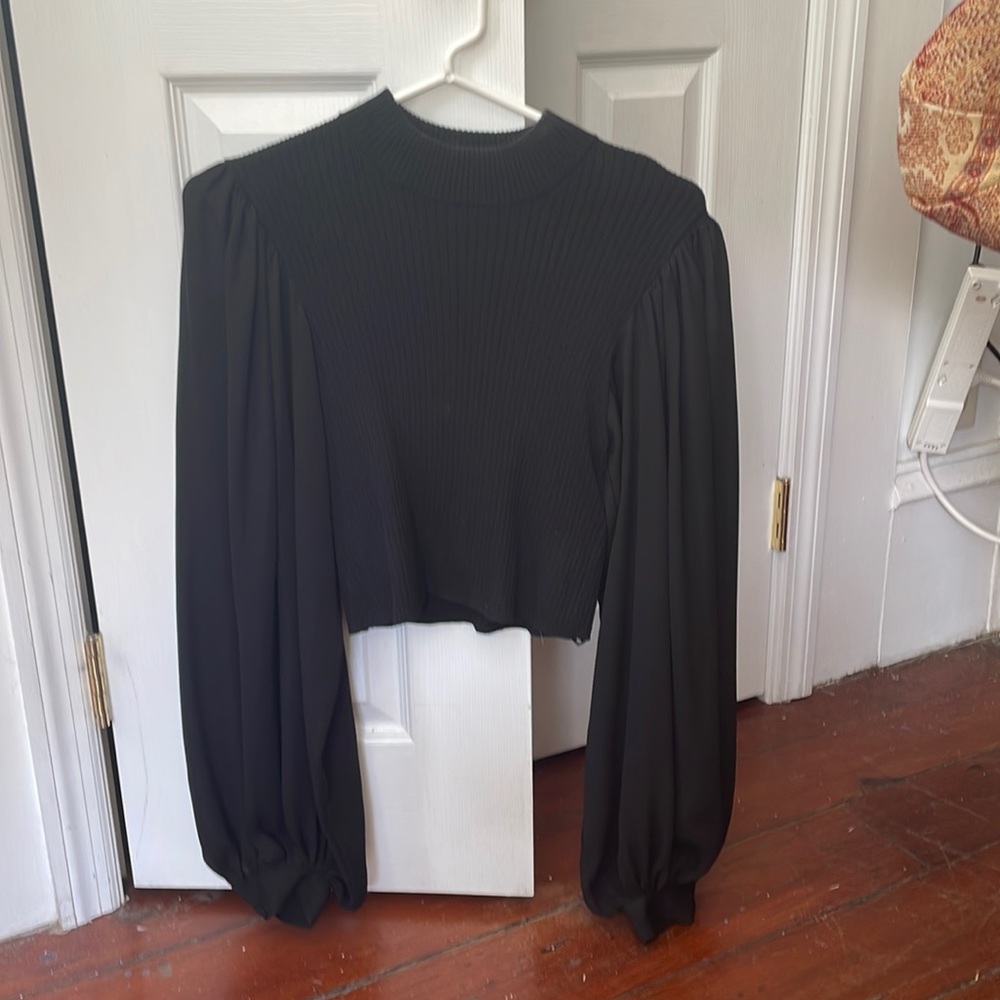 Rony Kobo crop mock turtleneck with sheer blossom sleeve: SZ S